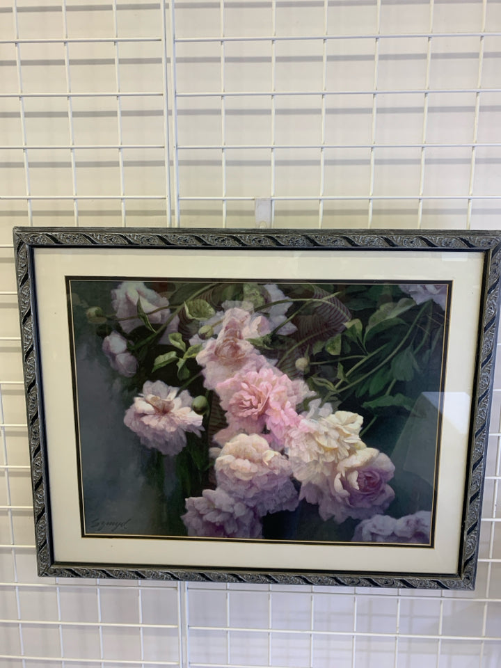 PINK AND WHITE FLOWERS IN BLACK AND GRAY FLORAL FRAME.
