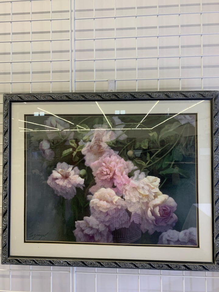 PINK AND WHITE FLOWERS IN BLACK AND GRAY FLORAL FRAME.