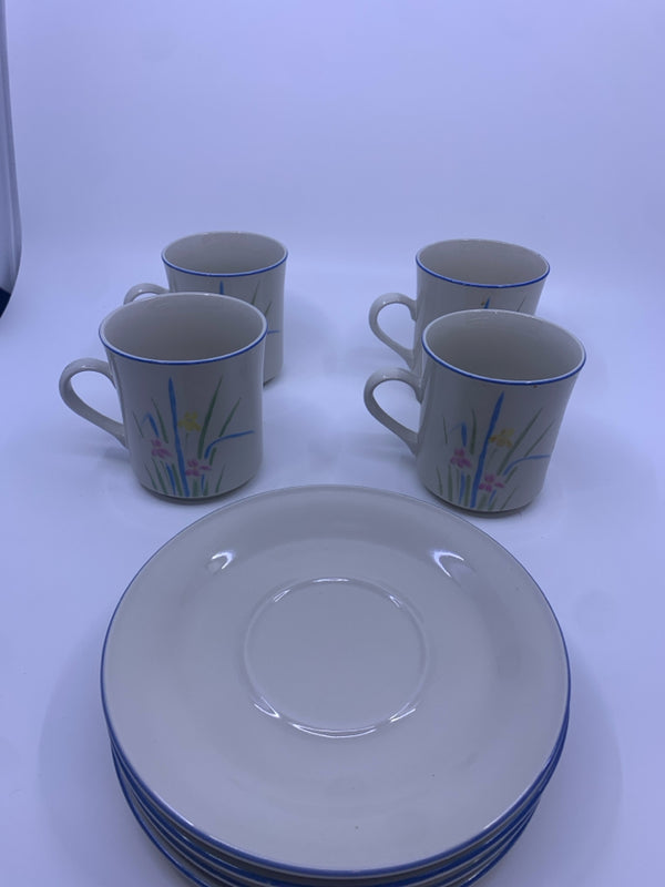 4 PASTEL STONEWARE CUPS + SAUCERS.