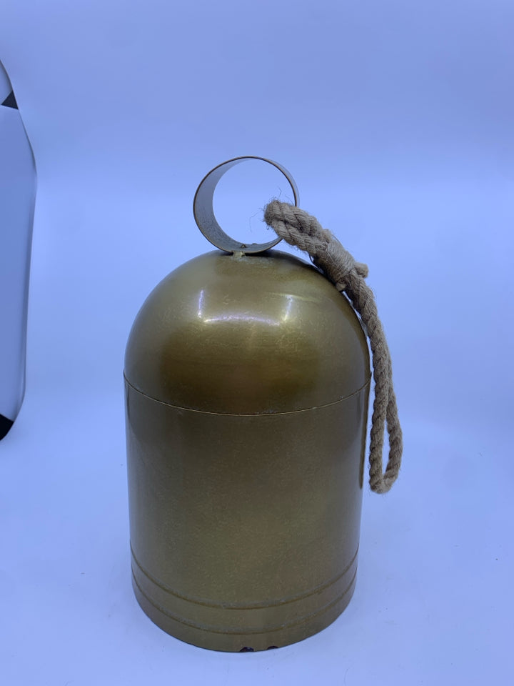 LARGE METAL BRASS-LIKE BELL WITH ROPE HANDLE WALL HANGING.