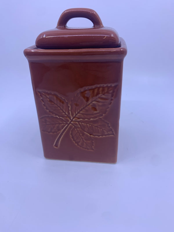 SMALL RED LEAF CERAMIC CANISTER.