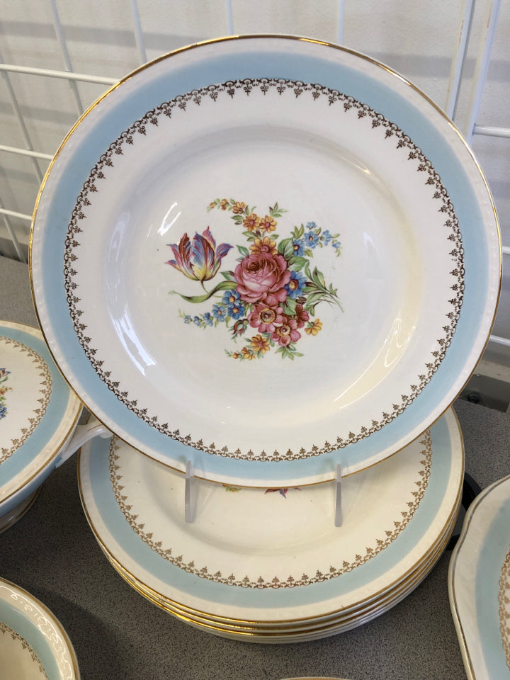 47pc SVC FOR 6 VTG BLUE GOLD AND CREAM PINK FLORAL DISH SET.