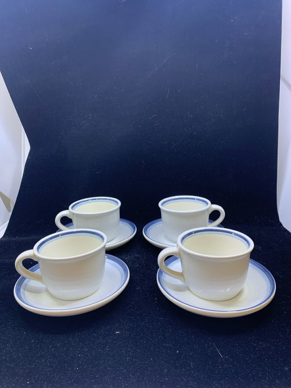 4 BLUE RIMMED PFALTZGRAFF CUPS AND SAUCERS.