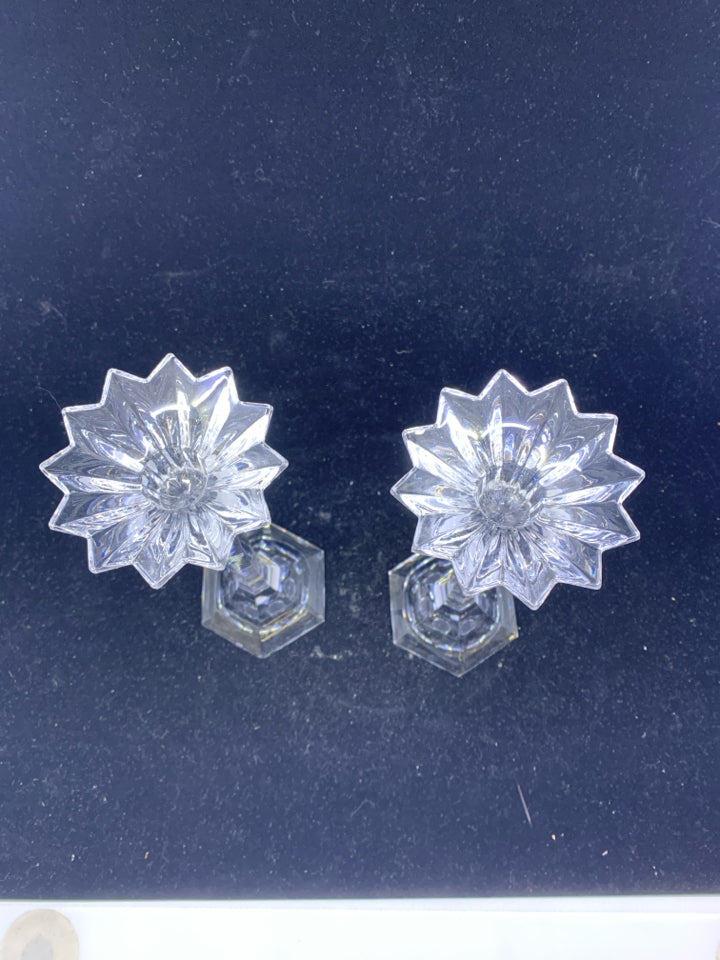 2-TALL GLASS STAR BURST CANDLE STICK HOLDERS.