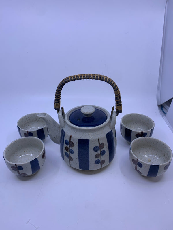 5 PC BLUE AND GRAY POTTERY TEA POT AND CUPS.