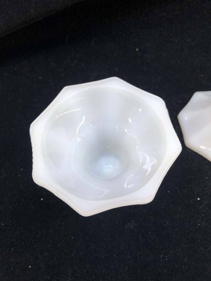 2 MILK GLASS TAPER CANDLE HOLDERS.
