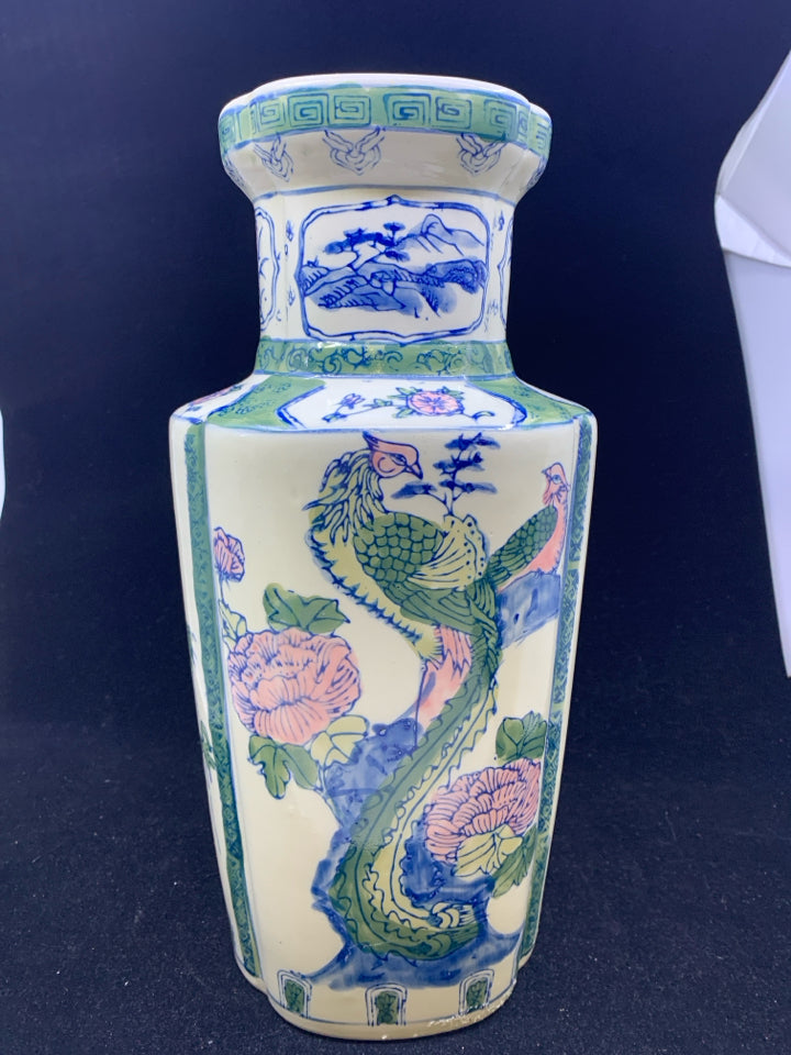 ASIAN STYLE VASE WITH PINK AND GREEN BIRDS.