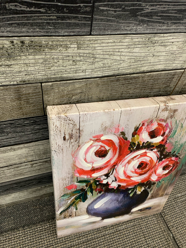 RED FLOWERS IN BLUE VASE CANVAS WALL ART.