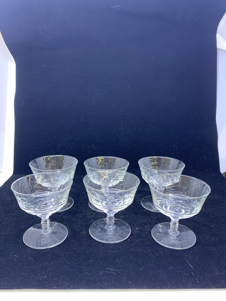 6 SHORT EMBOSSED COUPE GLASSES.
