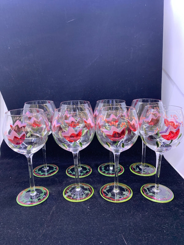 8 PINK AND RED PAINTED FLOWER WINE GLASSES.