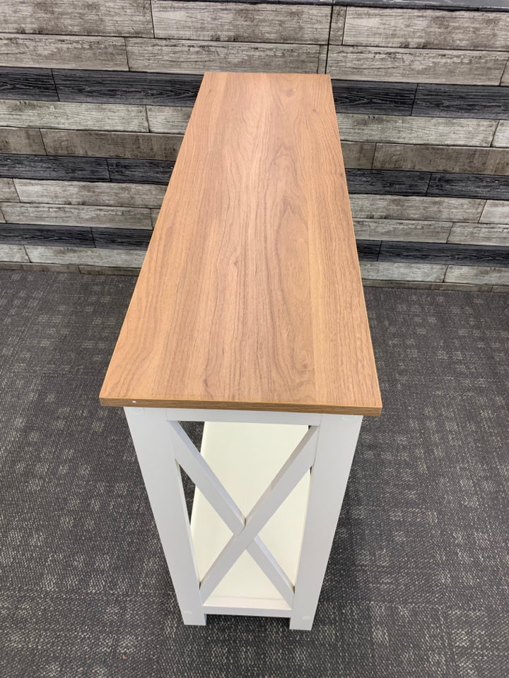 CREAM WITH WOOD TOP CONSOLE TABLE.