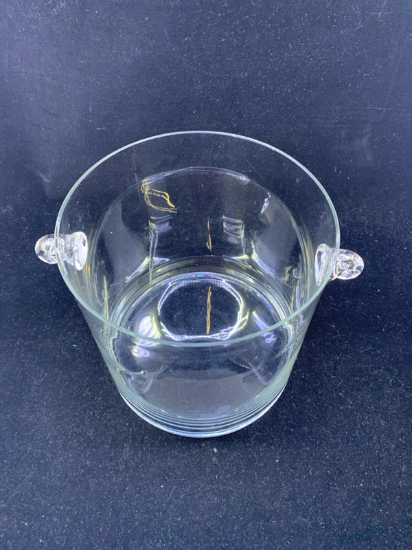 LARGE GLASS ICE BUCKET WITH SVROLL HANDLES.