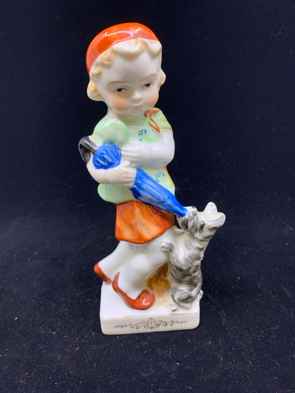 VTG HAND PAINTED GIRL HOLDING UMBRELLA AND DOG STATUE.