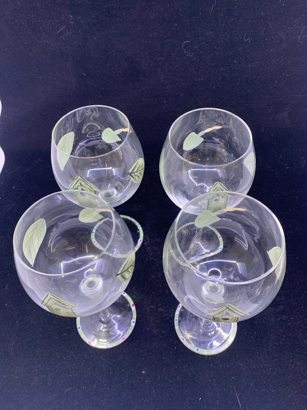 4 WINE GLASSES W/ PAINTED LEAVES + BIRDHOUSES.