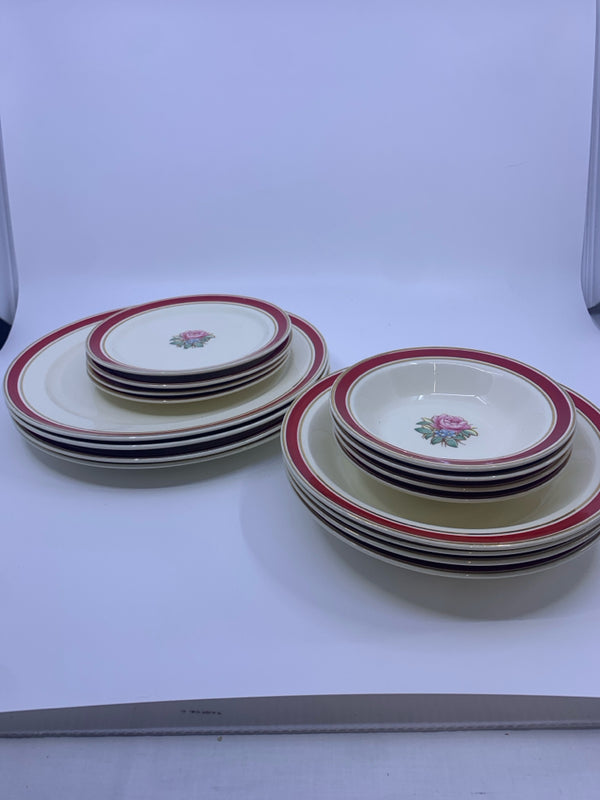 16 PCS VTG SERVICE FOR 4 RED EDGE WITH FLOWERS.
