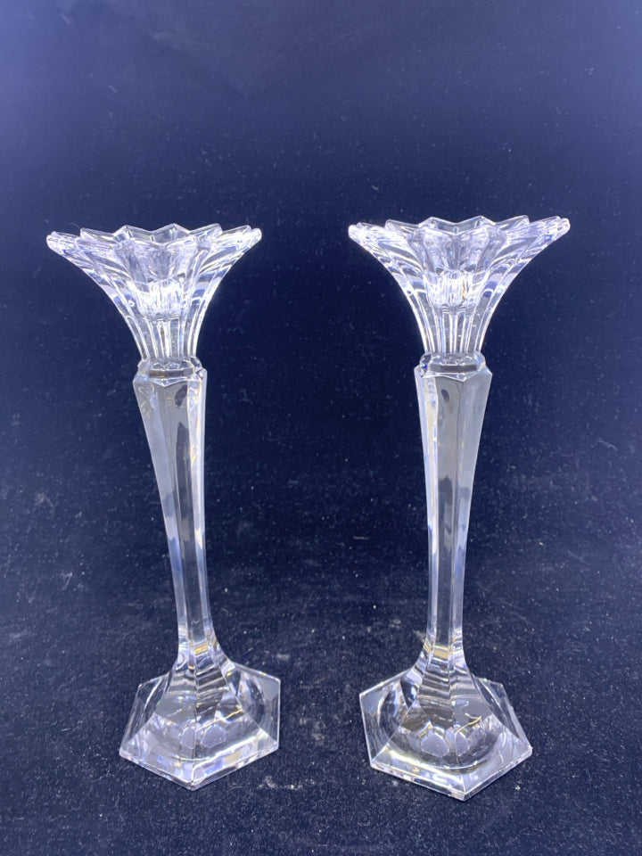 2-TALL GLASS STAR BURST CANDLE STICK HOLDERS.
