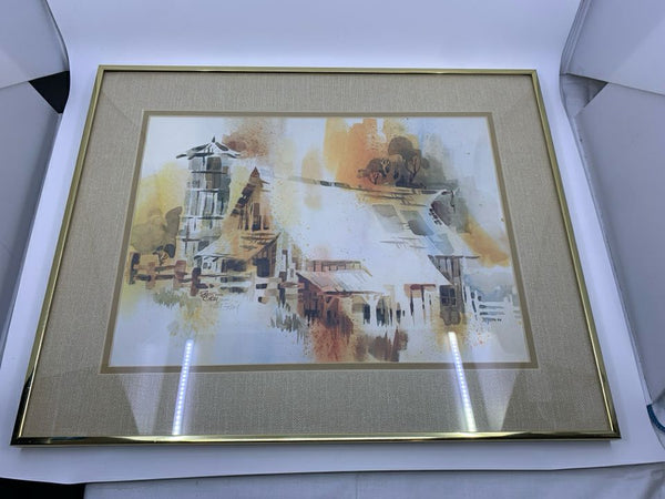 SIGNED ABSTRACT BARN LITHOGRAPH FRAMED WALL ART.