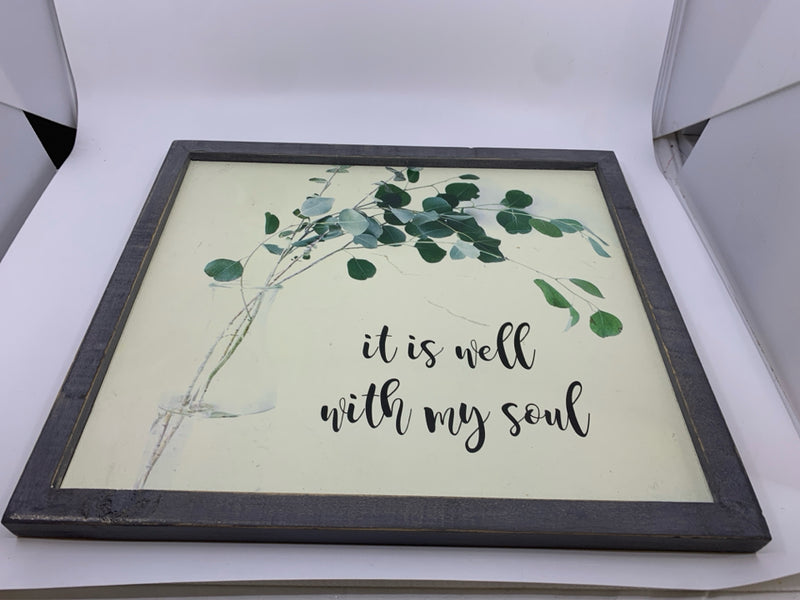 "IT IS WELL" PLANT IN VASE AND GREY FRAME WALL ART.