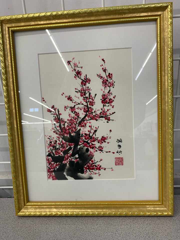 PANDA IN CHERRY BLOSSOM TREE IN GOLD SCROLL FRAME WALL HANGING.