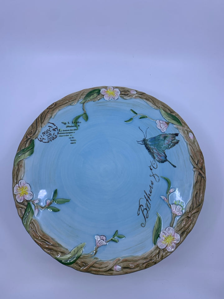 TOULOUSE BLUE CAKE STAND W/BUTTERFLY + PINK FLOWERS.