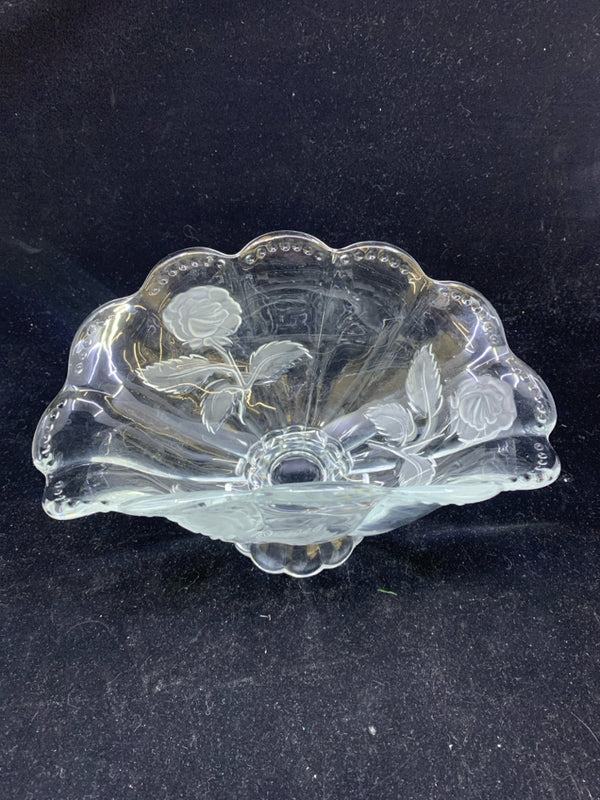 GLASS FOLDED EDGE BOWL W/ FROSTED ROSES.