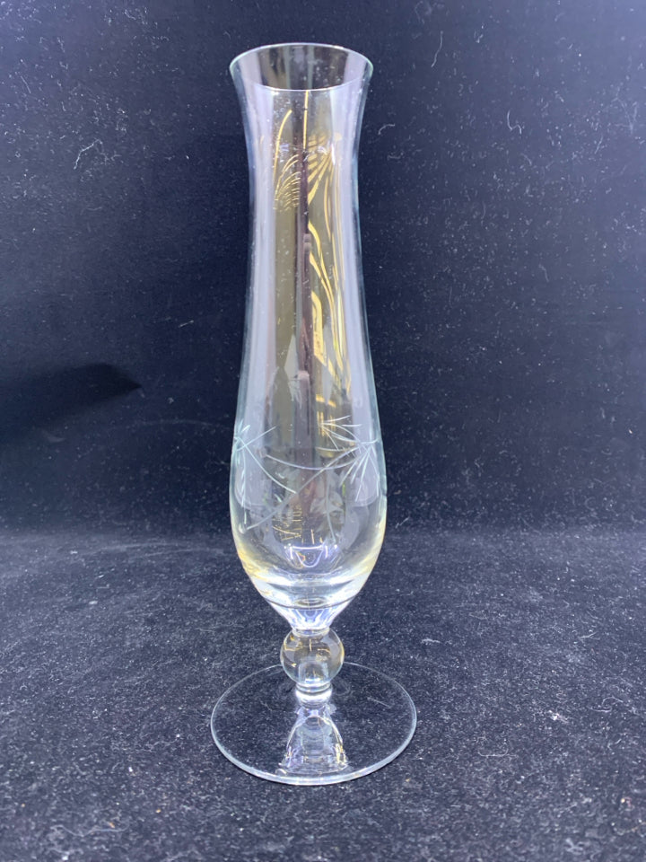 SKINNY FOOTED ETCHED GLASS SINGLE FLOWER VASE.