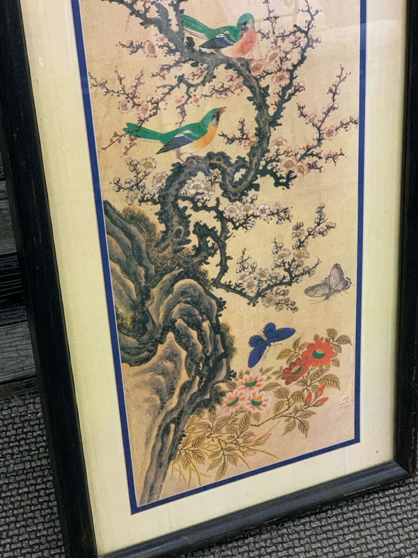 VINTAGE ASIAN WALL ART 2 BIRDS ON BRANCHES WITH PINK FLOWERS.