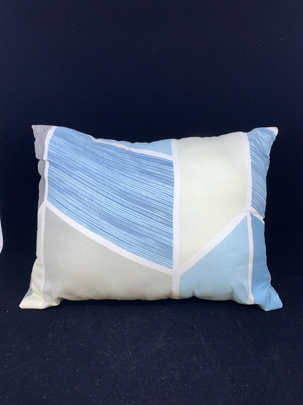 BLUE AND GREY MULTI COLORED RECTANGLE PILLOW.