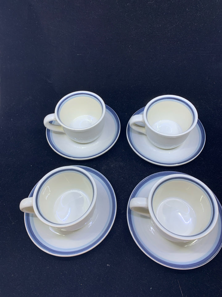 4 BLUE RIMMED PFALTZGRAFF CUPS AND SAUCERS.