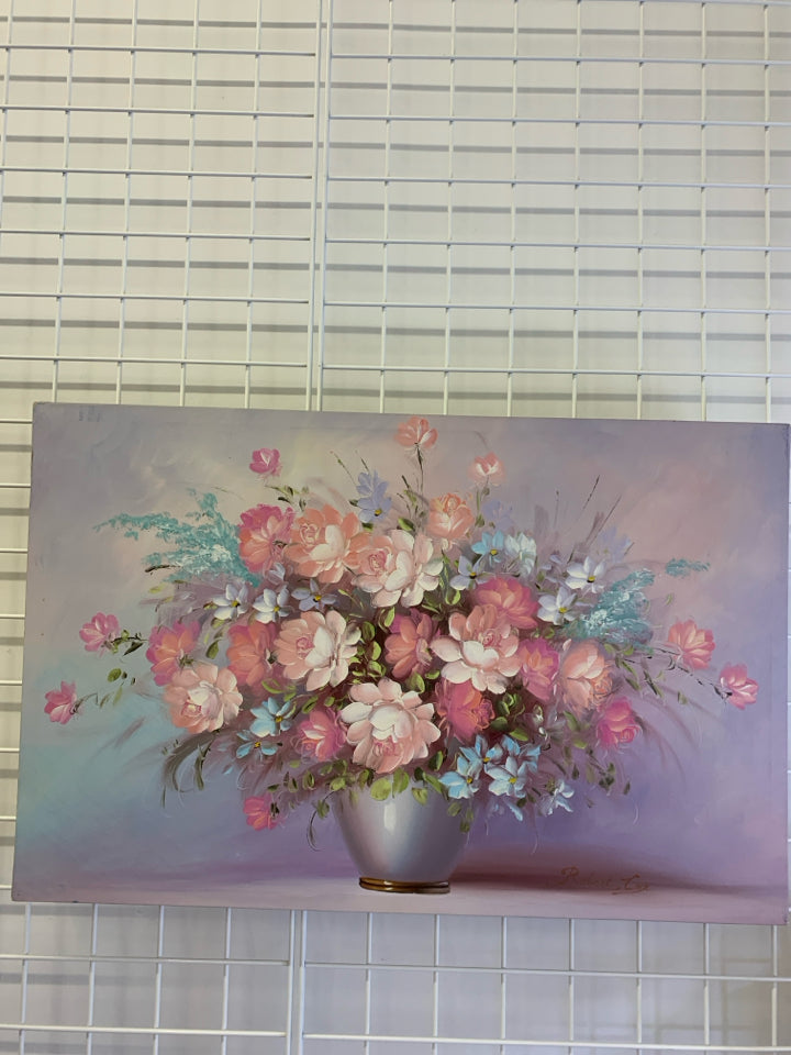PAINTED PINK AND BLUE FLOWERS IN VASE CANVAS.