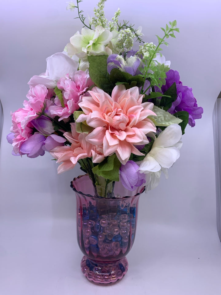 COLORFUL FLOWERS IN PINK FOOTED VASE.