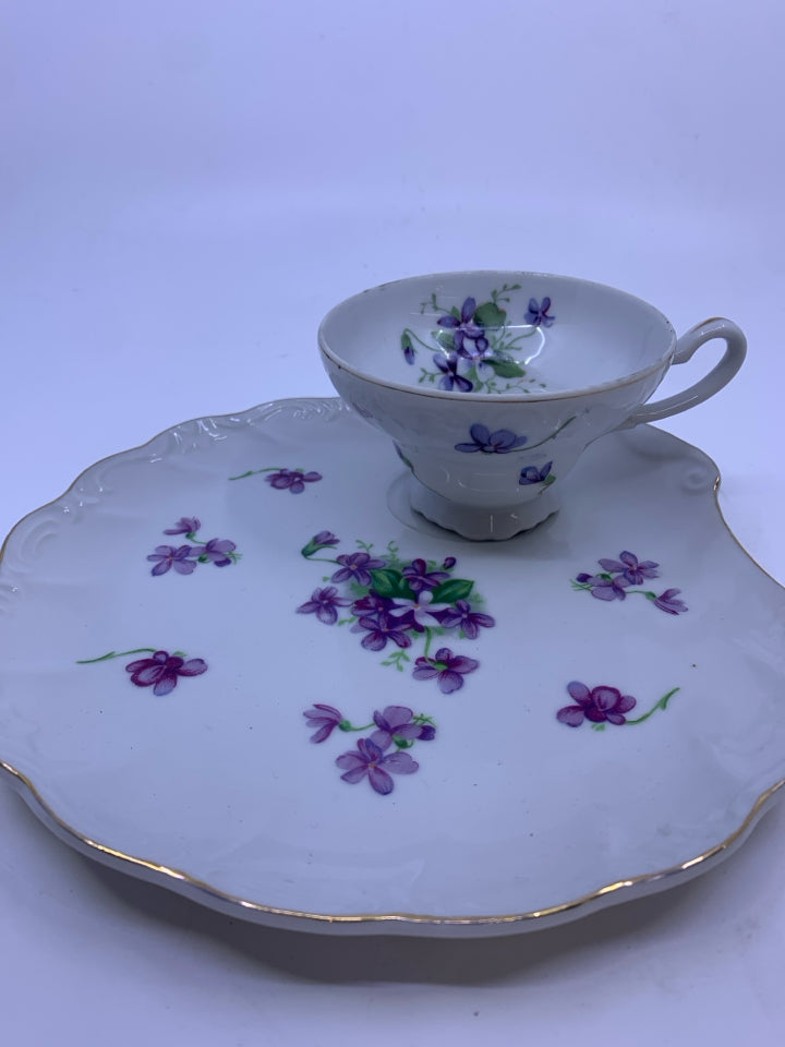 PURPLE FLOWERS TEA CUP AND SNACK PLATE