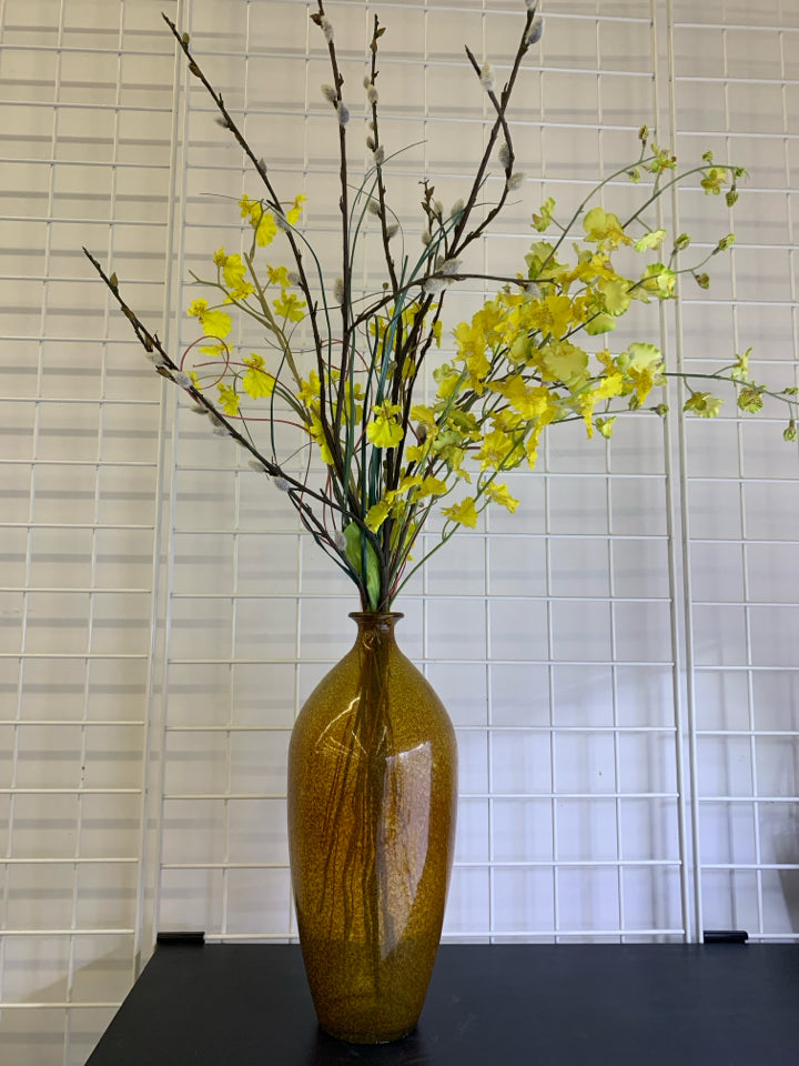 AMBER GLASS VASE W/ FAUX YELLOW FLOWERS + PUSSY WILLOWS.