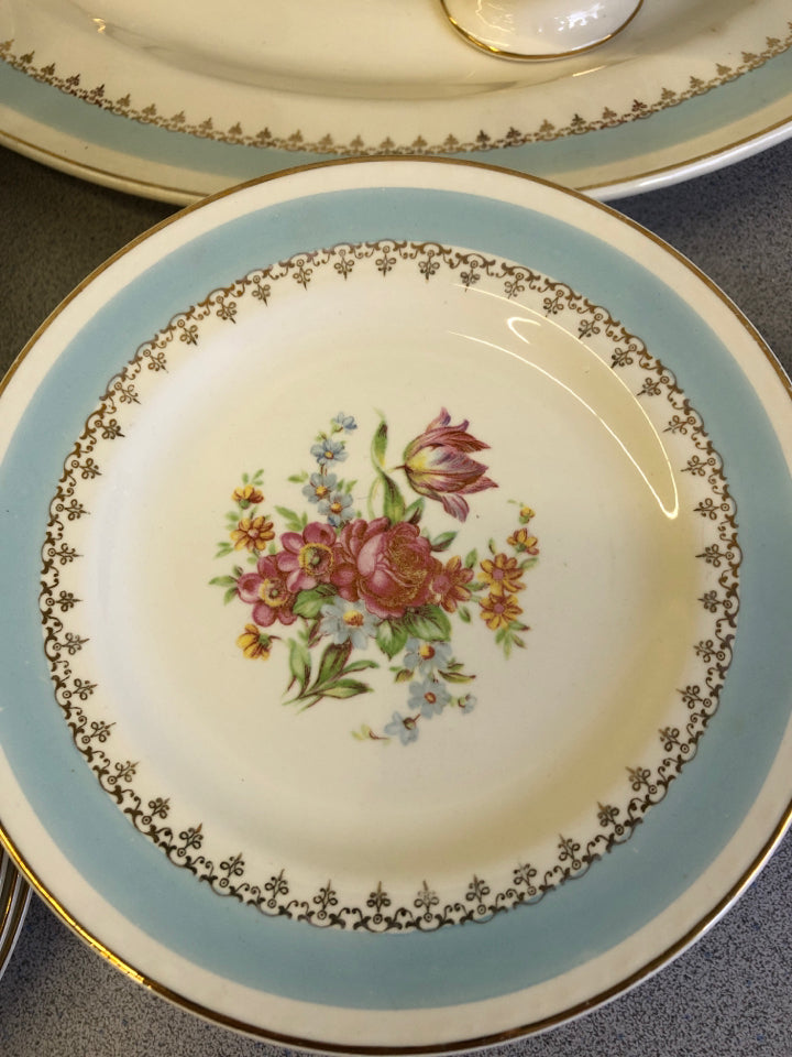 47pc SVC FOR 6 VTG BLUE GOLD AND CREAM PINK FLORAL DISH SET.
