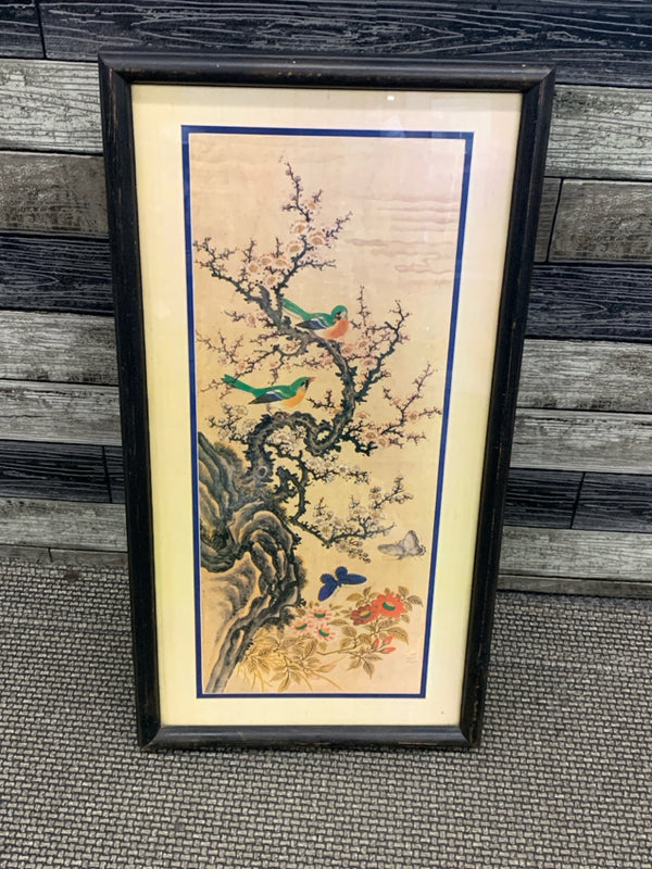 VINTAGE ASIAN WALL ART 2 BIRDS ON BRANCHES WITH PINK FLOWERS.