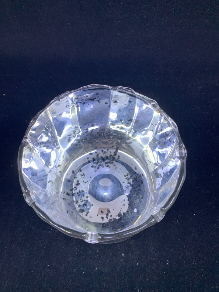 SILVER MERCURY GLASS CRACKLE FOOTED CANDLE HOLDER.