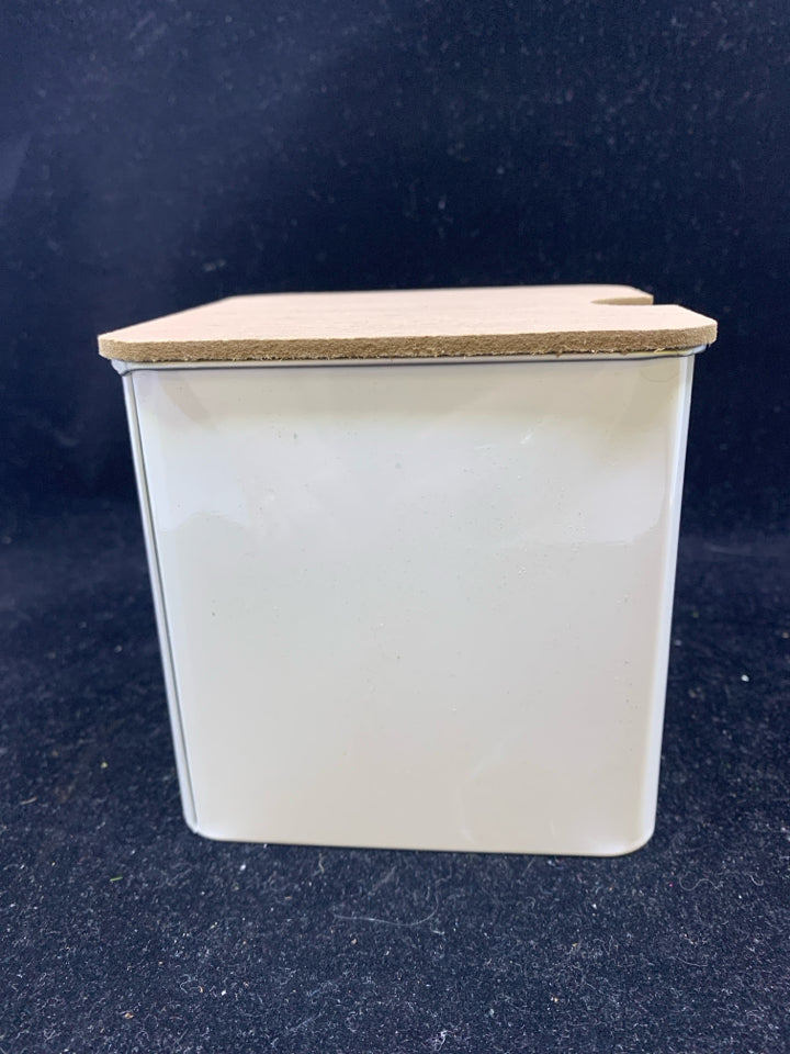 WHITE TIN W/ WOOD TOP CANISTER.