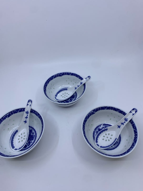 3 BLUE WHITE BOWLS WITH SPOONS.