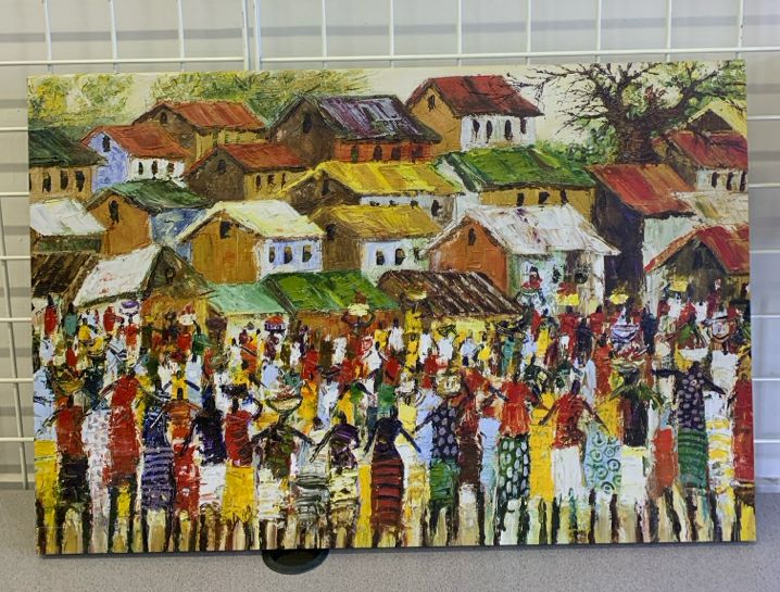 PAINTED PRINT AFRICAN SCENE W/ COLORFUL HOUSES.