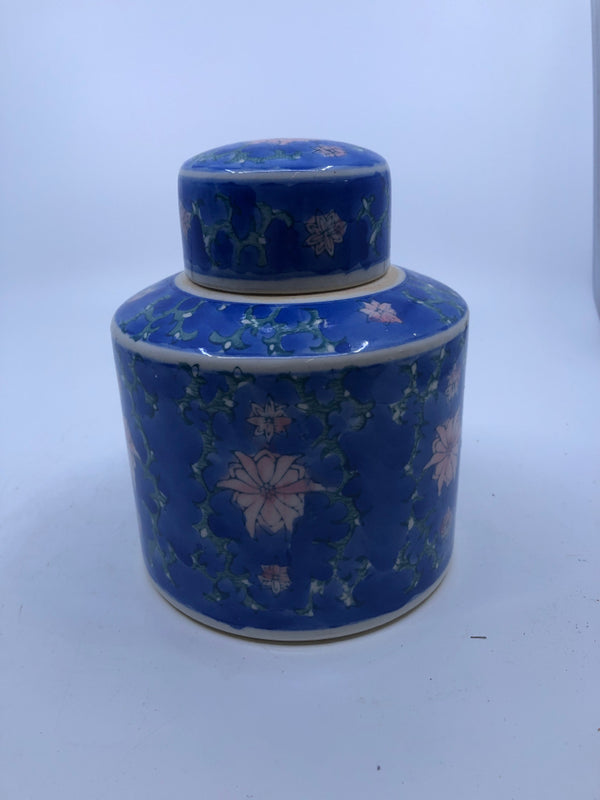 SMALL PINK FLOWERS ON BLUE GINGER JAR VASE WITH LID.