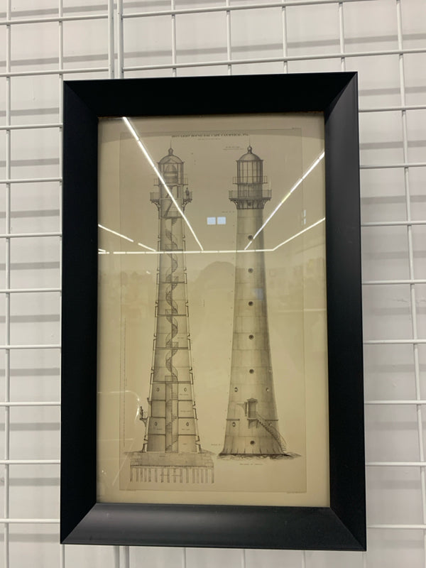 "IRON LIGHTHOUSE FOR CAPE CANAVERAL" IN BLACK FRAME WALL HANGING.