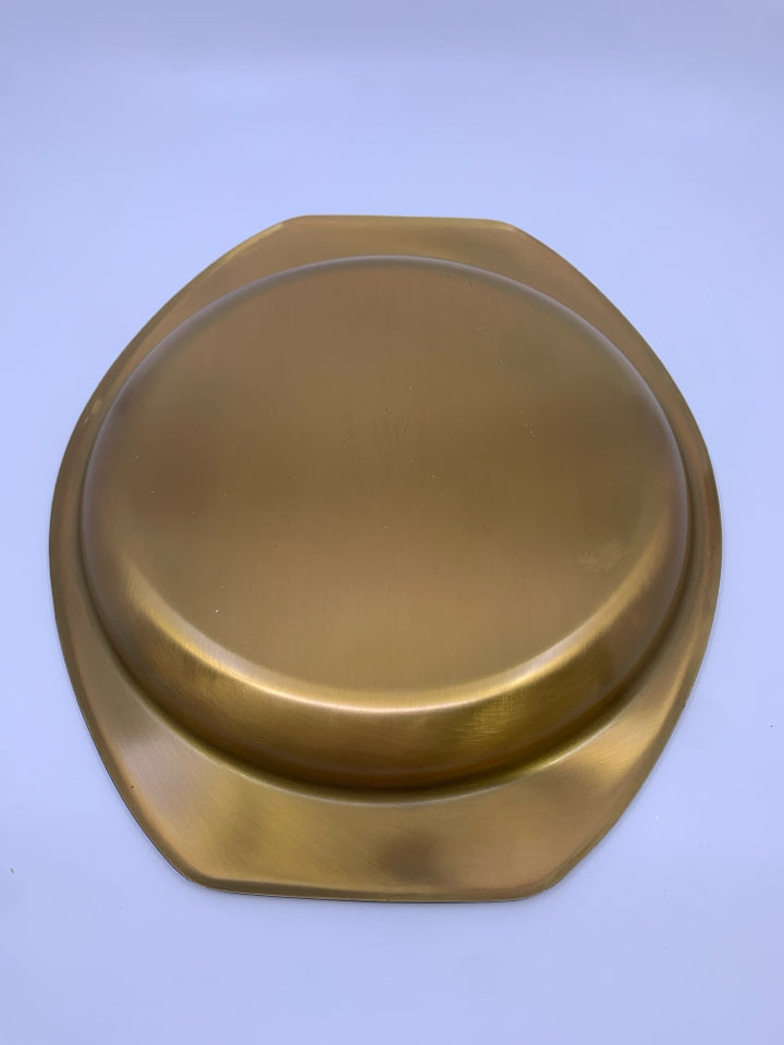 GOLD METAL TRAY WITH WOOD INSERT.