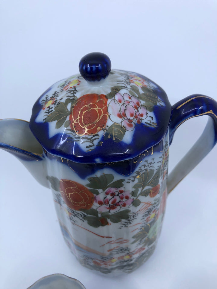 7 PC VTG TEA POT AND CUPS FLORAL ASIAN STYLE.