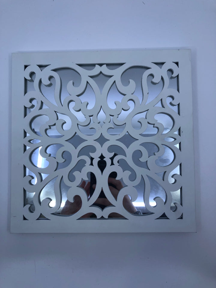 HANGING WHITE WOOD SCROLL WALL MIRROR.