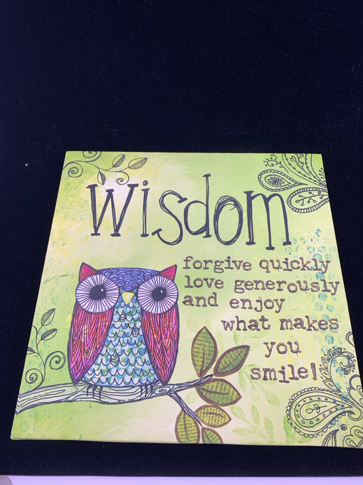 GREEN "WISDOM" OWL CANVAS WALL ART.