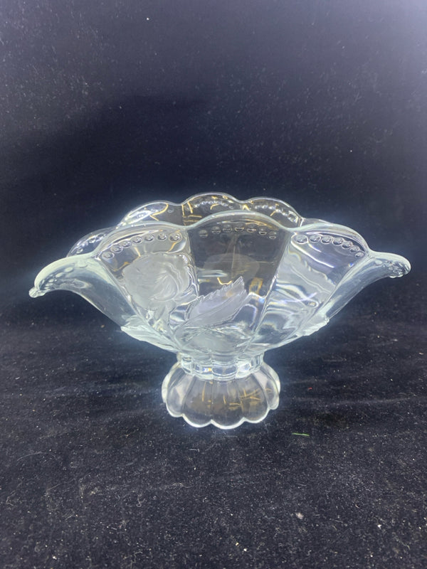 GLASS FOLDED EDGE BOWL W/ FROSTED ROSES.