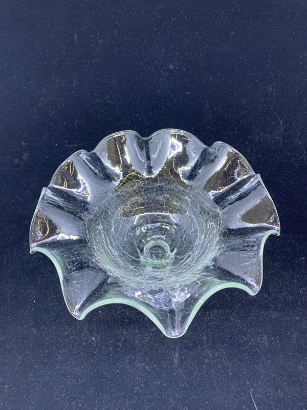 CRACKLE GLASS RUFFLED EDGE FOOTED BOWL.
