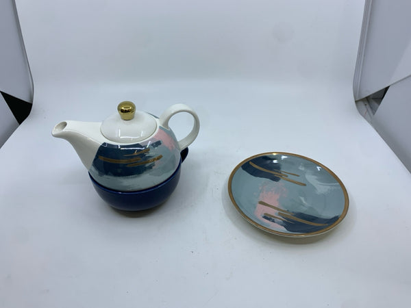 3 PC ABSTRACT TEAPOT, CUP AND SAUCER- TEA FOR ONE TEACUP/TEAPOT  6" X 7" .