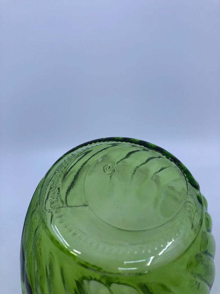 GREEN GLASS SWIRL VASE.
