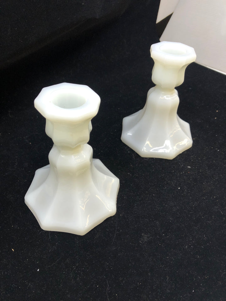 2 MILK GLASS TAPER CANDLE HOLDERS.